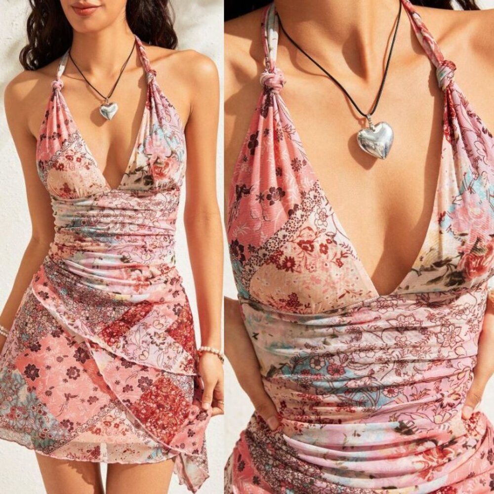 Shein Halter Mini Dress Mesh Fairycore Pastel Floral Paisley Y2K Style Size M